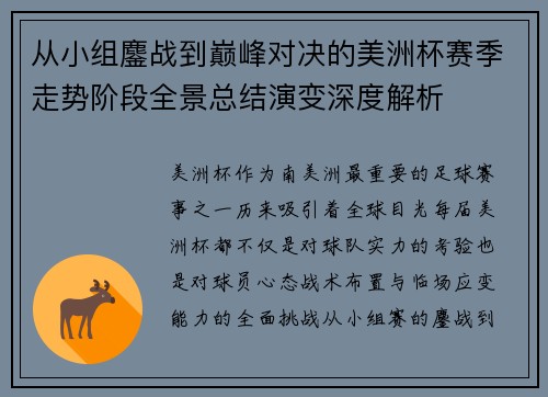 从小组鏖战到巅峰对决的美洲杯赛季走势阶段全景总结演变深度解析
